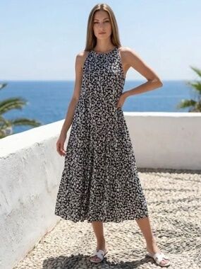 HAEOF Daisy Print Floral Midi Shift Dress Medium High Neck Beachy Boho Cottage